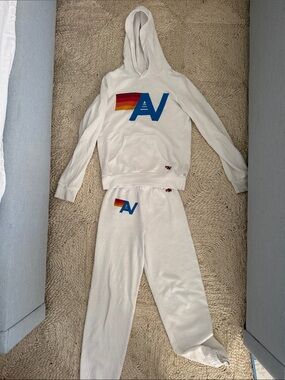 Aviator Nation White Hoodie & Sweatpants Set with Blue Logo and Rainbow Stripe